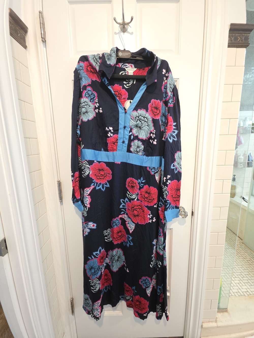 Monsoon Navy Long Sleeve Floral Shirt Dress with Pink & Aqua Accents